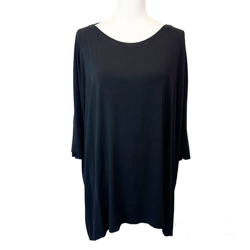 Eileen Fisher Womens Swing Trapeze Top Solid Black Rayon Short Sleeve Medium‎